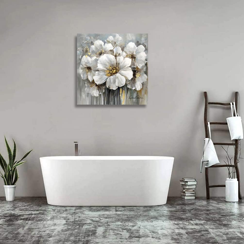 Living Room Flower Picture Wall Art White Floral Painting with Gold on Canvas for Gray Bedroom Decor 30" x 30"