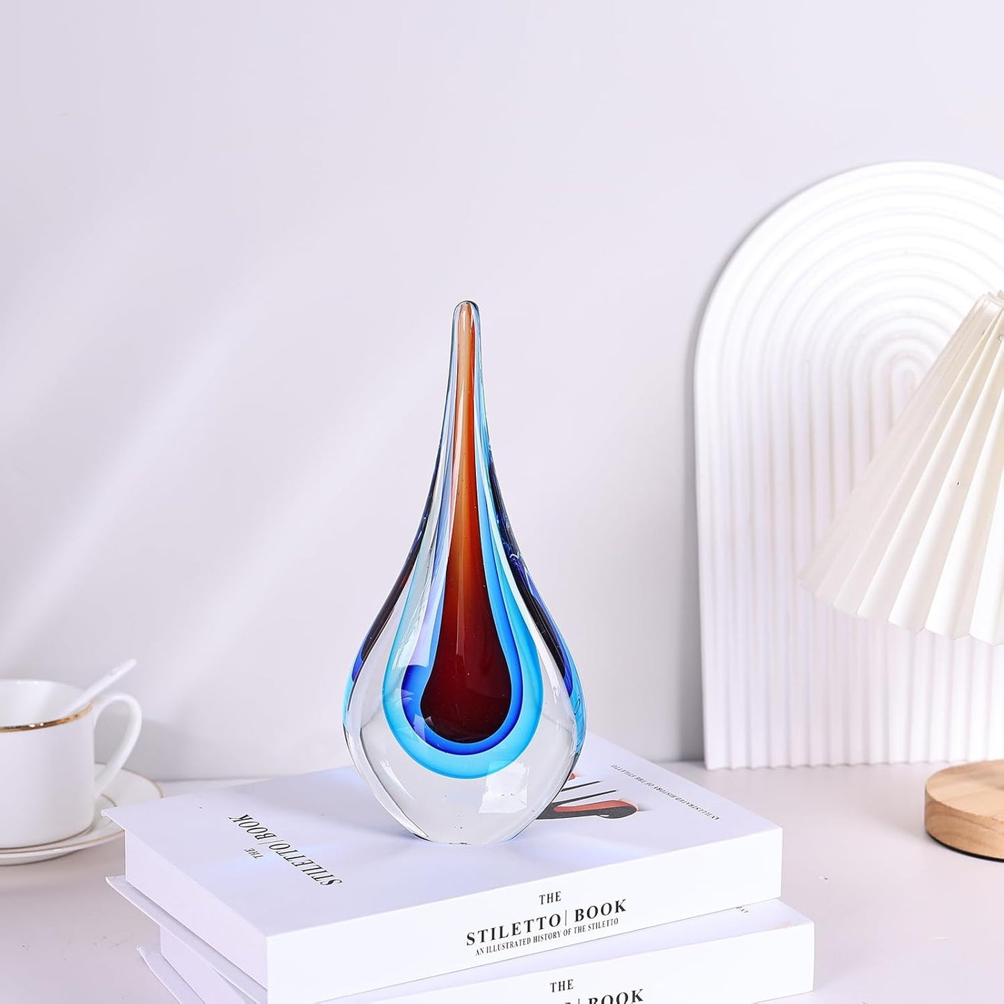 DOVDOV Blown Glass Sculpture, Blue and Brown Glass Art Teardrop Statue, Unique Ocean Theme Decoration for Office, Bookshelf, Dresser, Living Room Coffee Table, Fireplace countertop Decoration.