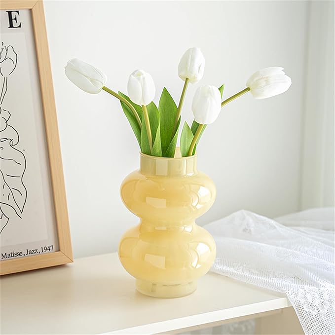 JSPYFITS Glass Hydroponic Flower Vase, Double Balls Colored Glass Bubble Vase for Flower, 7 Inches Glassvase Funky Vase for Home/Office/Weddings/Party Table Flower Décor (Milky Yellow)