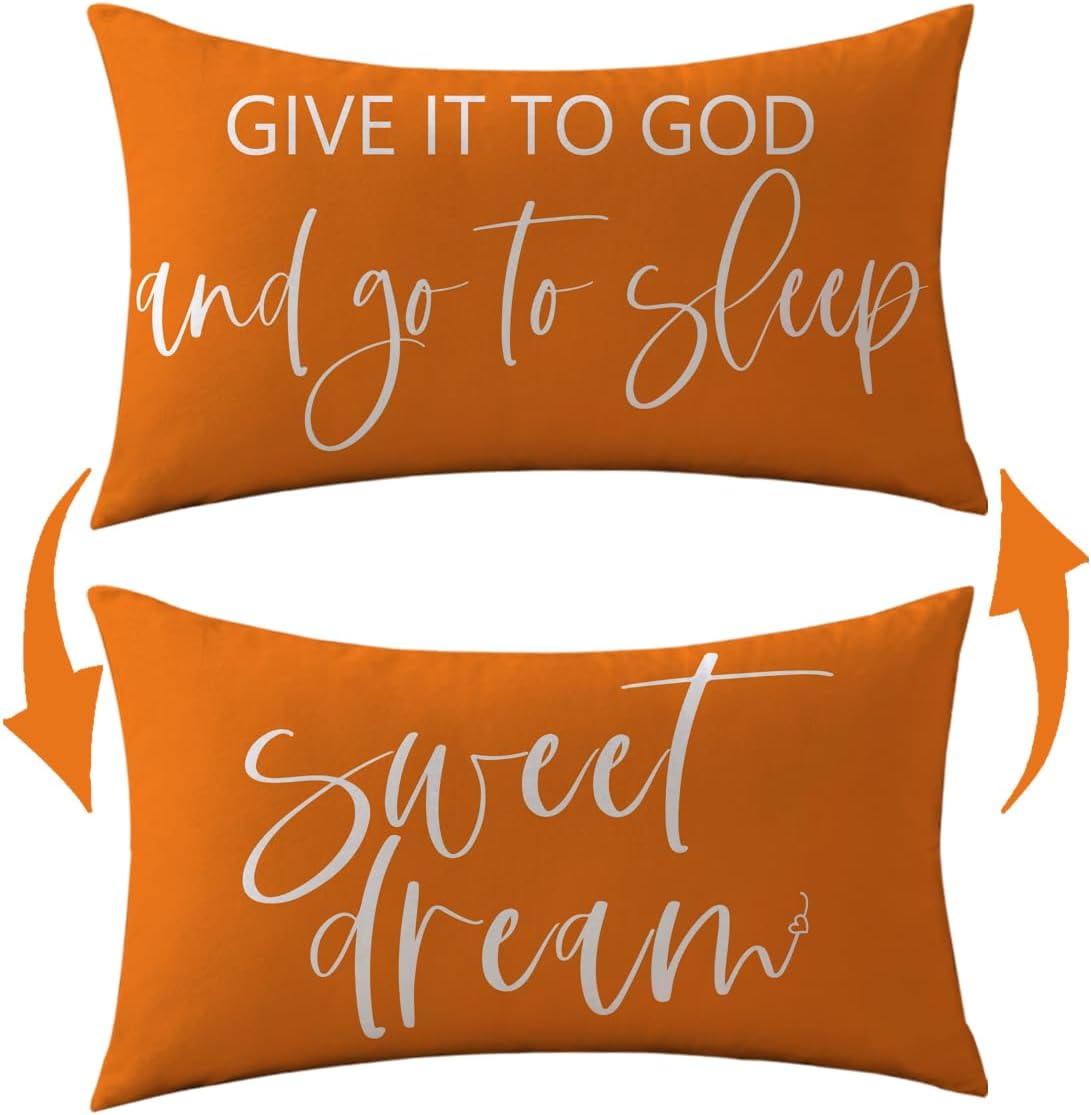 Bedding Decorative Pillowcases Reversible Give It to God and Go to Sleep Cushion Covers Sleep Themed Throw Pillow Covers 12''x20'' for Bedroom Guest Room Housewarming Gifts (Orange)