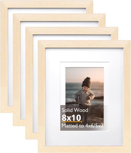 KINLINK 8x10 Picture Frame White Oak, Solid Light Wood Frames with Acrylic Plexiglass for Pictures 4x6/5x7 with Mat or 8x10 without Mat, Tabletop and Wall Display, Set of 4