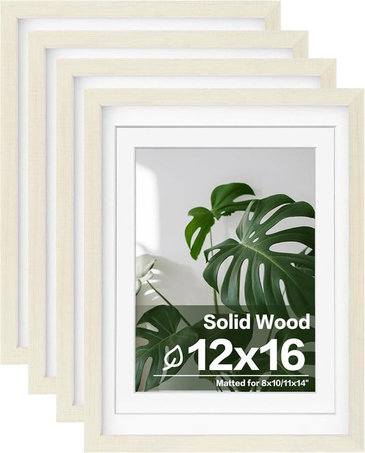 Egofine 12x16 Picture Frames Set of 4, Made of Solid Wood Covered by Plexiglass 9x12 and 11x14 with Mat or 12x16 without Mat, for Wall Mounting Photo Frame Beige