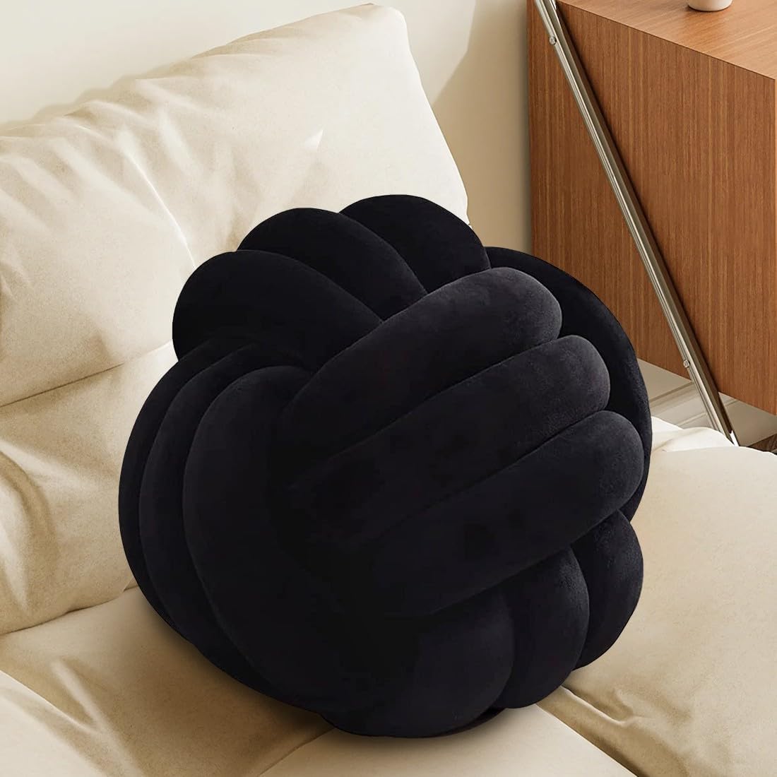 Black Knot Pillow Ball, Handmade Decorative Throw Pillow, Soft Round Knotted Cushion for Couch & Bedroom, Cute Home Decor, Braided Pillow for Living Room (13.8 Inches)