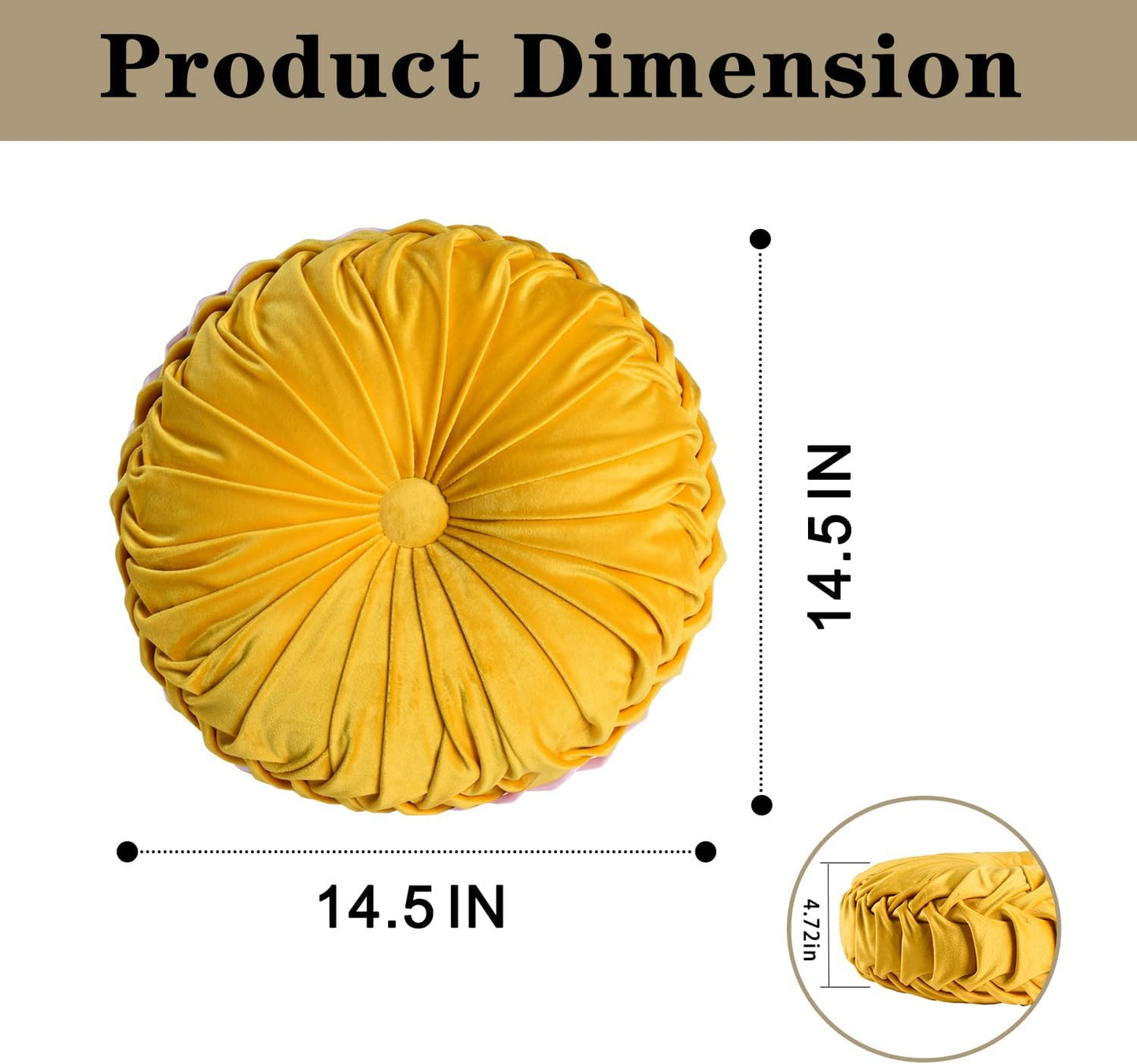 HIG Set of 2 Yellow Ruched Velvet Round Throw Pillows – 14.5’’ Decorative Pillows with Soft Polyester Filling for Couch, Bed, Living Room, Bedroom, or Dorm – Handmade, Stress Relieving, All-Season