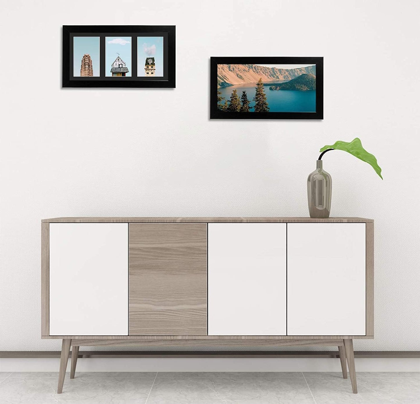 Golden State Art, Set of 10, 7x14 Black Photo Wood Collage Frame with Black Mat Displays (3) 4"x6" Pictures