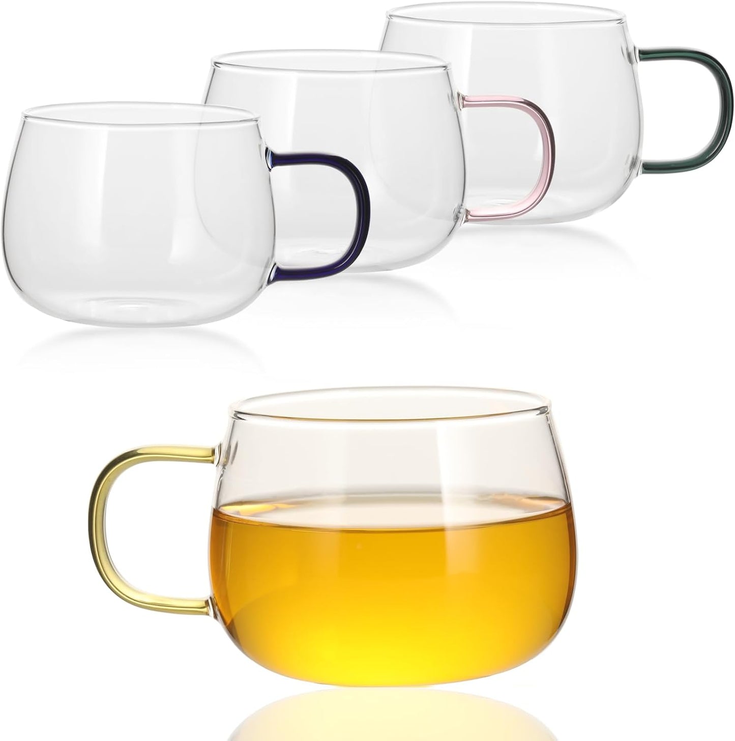 Glass Tea Cups Set of 4, Clear Borosilicate Glass Teacups with Colorful Handle for Tealover, Dishwasher & Microwave Safe Large Coffee Mugs for Espresso Cappuccino Latte Juice, 12OZ/360ML
