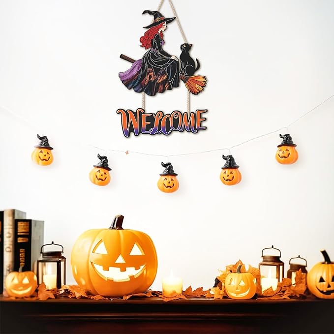 Witch Halloween Decoration,Witch And Black Cat Door Hanging,Witches On Broom Door Hanger,Halloween Welcome Wall Sign,Witches Broom Wooden Sign,Black Cat Wall Plaque for Porch Yard Home Bedroom