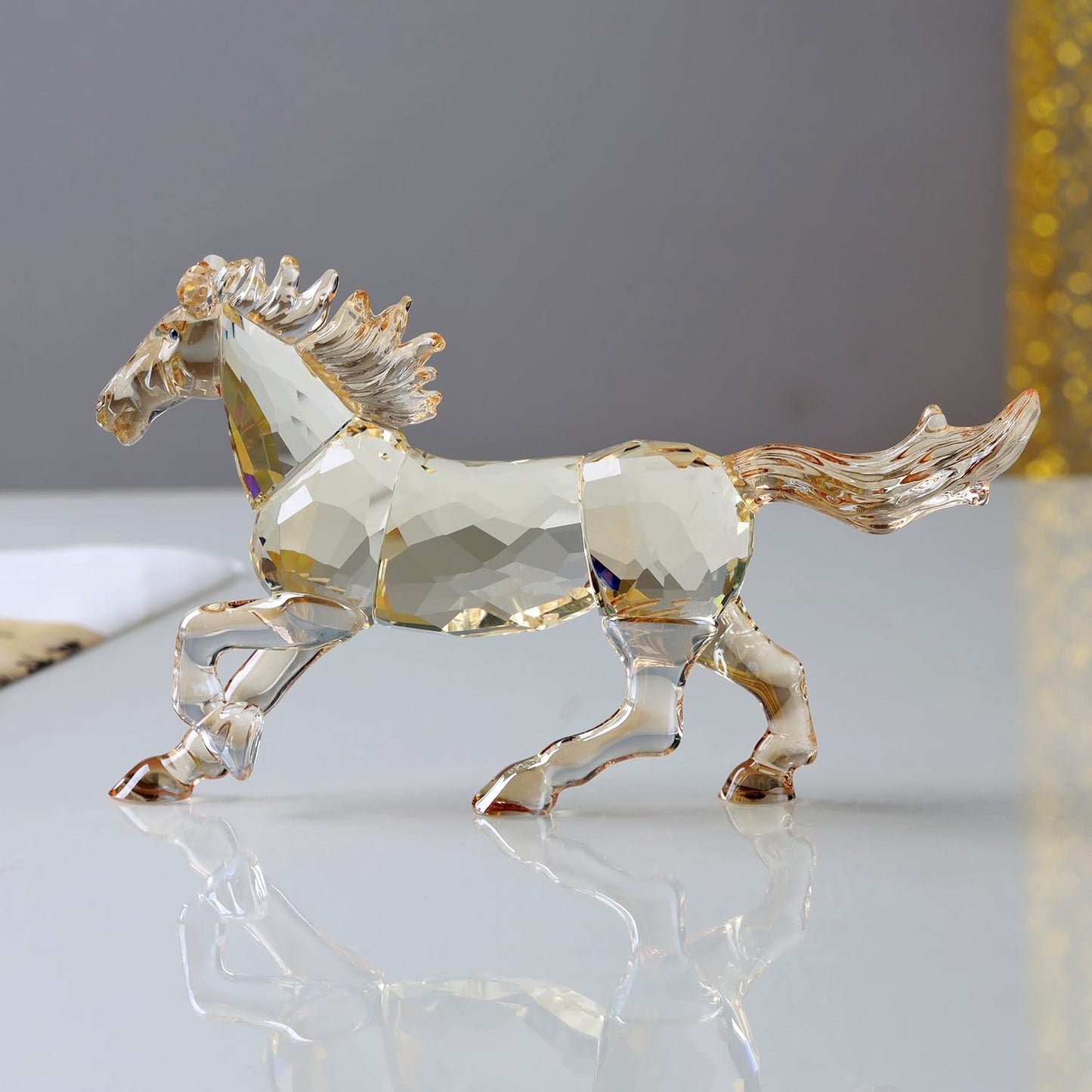 Crystal Horse Realistic Animal Art Figurine Collection Table top Ornament Statue Home Decor (Gold)