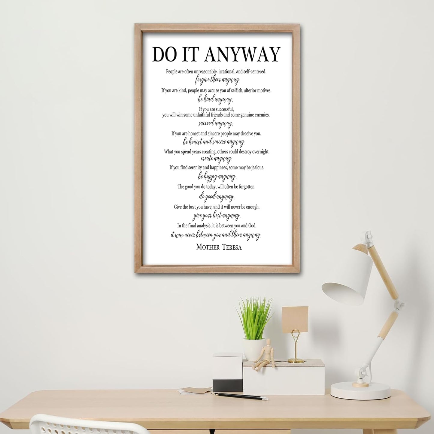 comurdyo Do It Anyway Wall Decor 24"x16" Mother Theresa Quotes Inspirational Sign Bible Verse Christian Motivational Modern Bedroom Vintage Wood Framed Farmhouse Wall Hanging Art (Wood)