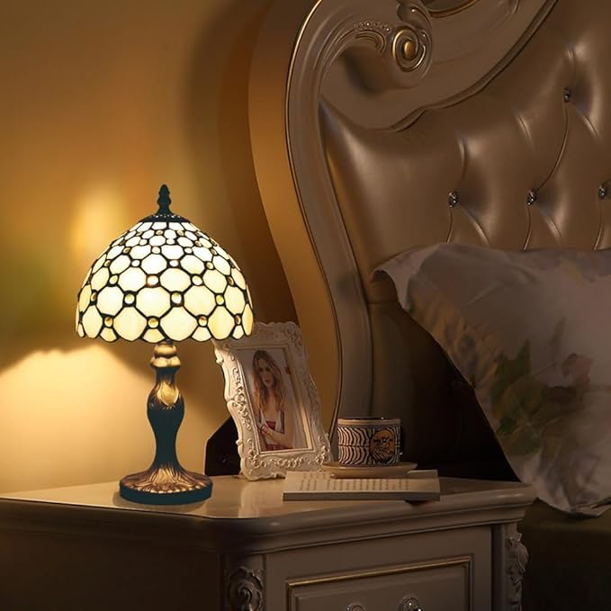 Tiffany Style Table Lamp 8'', White Tiffany Table Lamp for Bedroom Study Office Home Stained Glass Lamp