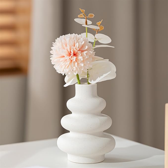 White Ceramic Vases Set of 3, Minimalist Nordic Modern Style, Round Donut Vase for Dried Flowers, Pampas Grass & Fresh Blooms,Boho Home Decor for Table Shelf Living Room Office (White)
