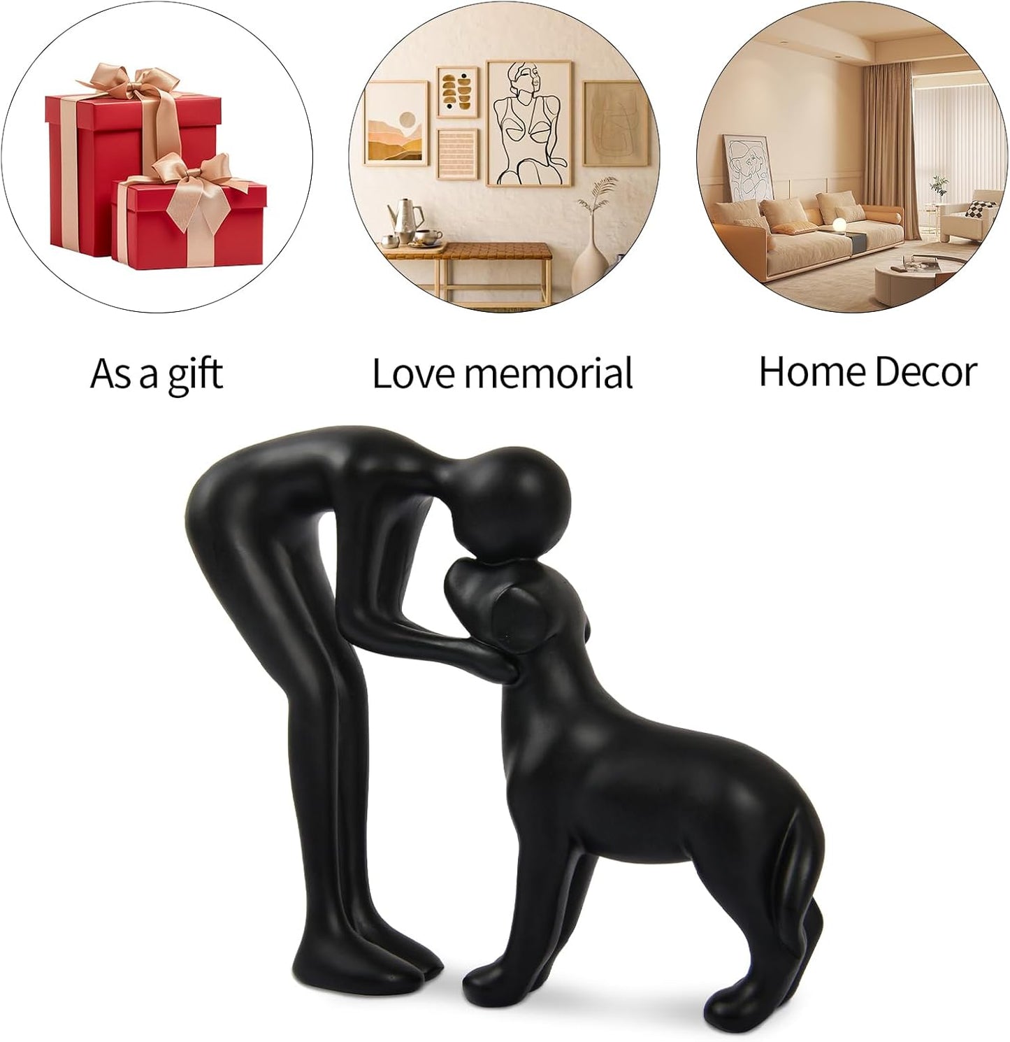 Dog Sculpture Home Decor Cute Man and Dog Statue Decoration for Office、Living Room、Bedroom、Home， Memory Gifts for Pet Lovers (Black)