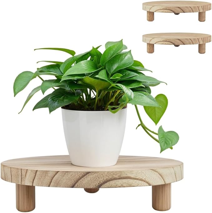 2 Pcs Wood Plant Stand Wooden Plant Stool Round Riser Display Stand Flower Pot Holder Low Plant Pot Flower Pedestal for Indoor Outdoor (Wood, 9.8 Inches)