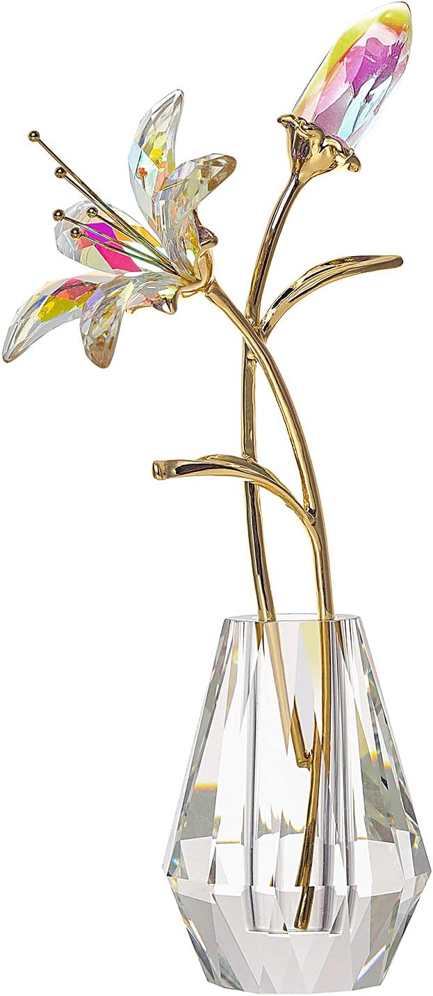 LONGWIN Crystal Artifical Tiger Lily Flowers with Vase - AB Coated Crystal Collectible Figurines Blooming Fake Lily Flower Home and Wedding Decor