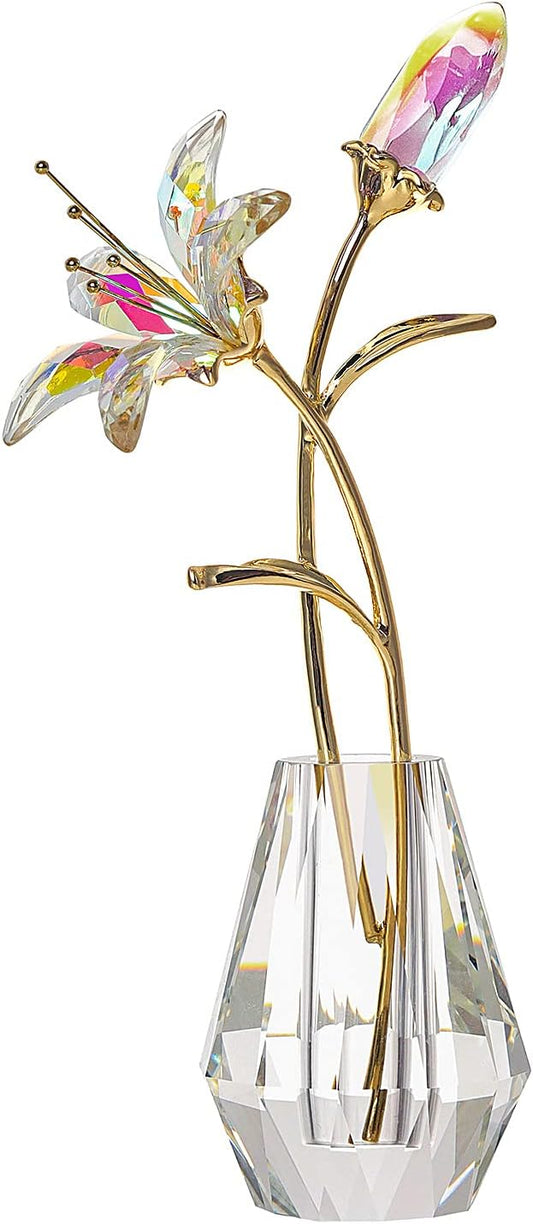 LONGWIN Crystal Artifical Tiger Lily Flowers with Vase - AB Coated Crystal Collectible Figurines Blooming Fake Lily Flower Home and Wedding Decor