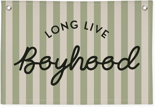 Long Live Boyhood Linen Banner Hanging Vintage Sage Green Stripes Flag Banner for Nursery Playroom Wall Decor for Kids Bedroom Living Room Dorm Toddler Decorations Trendy Room 30x20 boyroom