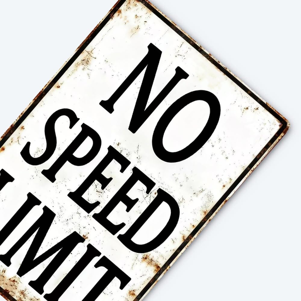 No Speed Limit Metal Sign - Vintage Retro Car Wall Decor for Men, Race Car Room Decor for Boys Bedroom, Garage Art, Man Cave Street Signs, Automotive Themed Gift for Teen Adult 8x12 Inch