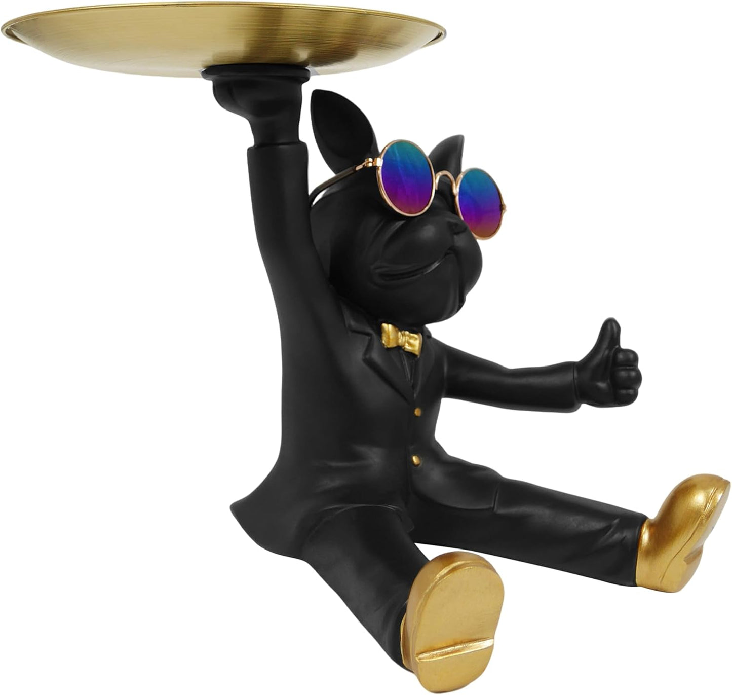 French Bulldog Tray Statue, Black Frenchie Sculpture with Gold Tray for Entrance Coffee Table Décor, Dog Key Holder Jewelry Trays