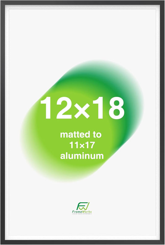 FrameWorks 12x18 Matted to 11x17 Picture Frame – Aluminum Frame w/Tempered Glass, Removable Mat for Photos, Posters, Art, Stylish Wall Frame for Home Decor, Gallery Walls, Office, Living Room - Black