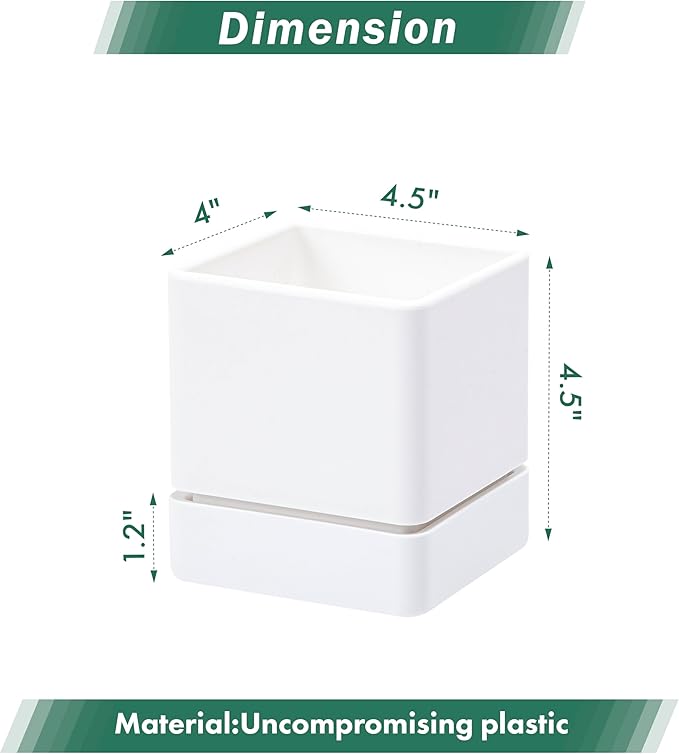 4 Inch Herb Planter Pot, Plastic Planter with Drainage Holes and Saucer, Modern Decorative Gardening Pot for Indoor Plants, Flowers, Herbs, Succulents, White, Set of 3, 76-Y-A-3