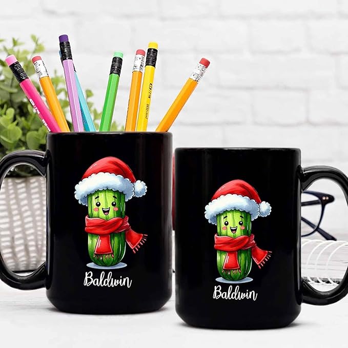 Vegetable Cups, Personalized Cucumber Coffee Mug For Cucumber Lovers, Cucumber Fans Cup, Cucumber Mug, Custom Cucumber Wearing Santa Hat Tea Cup, Cucumber Enthusiast Black Ceramic Mug 11oz 15oz