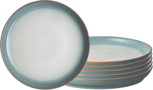 Denby - Azure Haze Coupe Salad Plates Set of 6-8.25 Inch - Dishwasher Microwave Oven Safe - Lunch, Dessert Plates - Reactive Blue Teal Glaze Ceramic Stoneware Dinnerware - Scratch Chip Resistant