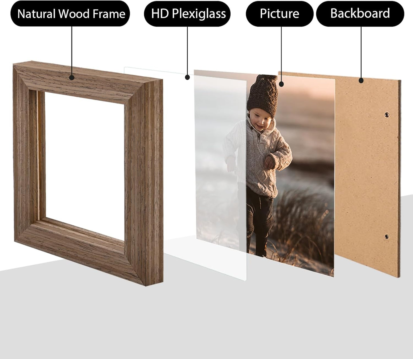 KINLINK 4x4 Picture Frame, Brown Square Solid Wood Frames for Pictures 4x4 without Mat, Wall and Tabletop Display Photo Frames Brown Wood 4 Pack