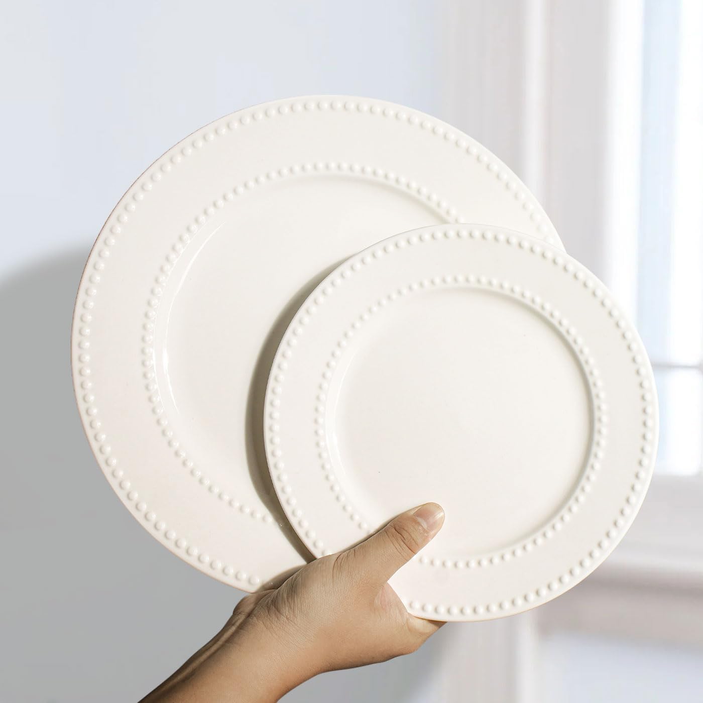 Dinner Plates Set of 4, 10.5 inch White Ceramic Plates, Embossed Salad Plates, Serving Plates for Steak Appetizer, Reusable Kitchen Dining Plates for Restaurant, Dishwasher Microwave Safe