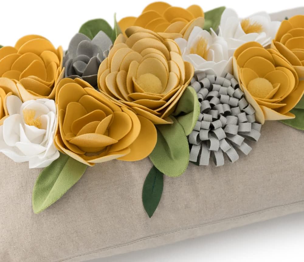 Decorative 3D Flower Throw Pillow Covers Accent Floral Pillowcases for Couch Bed Home Living Room Farmhouse Decor 12x20 Inch Yellow