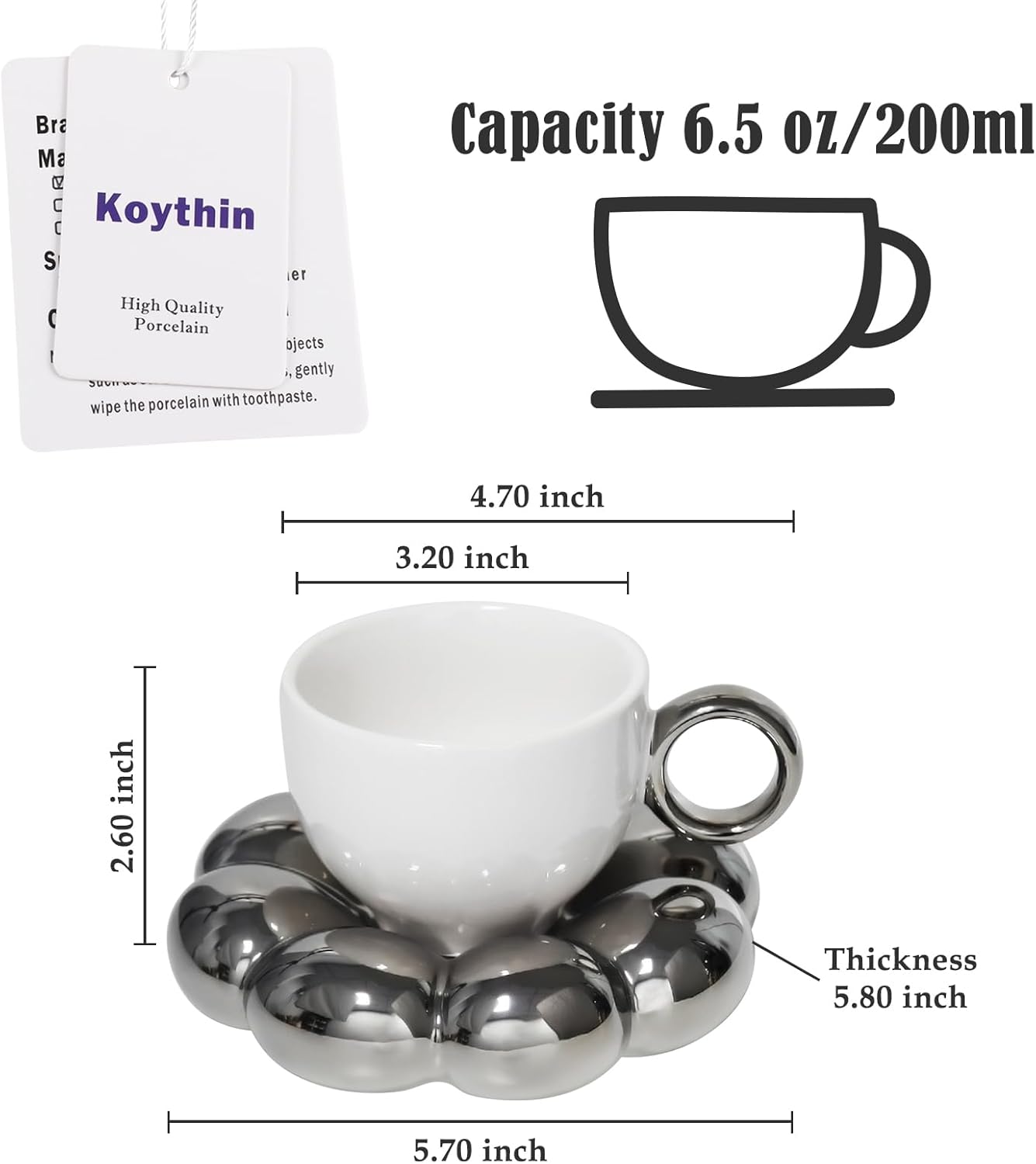 Koythin Ceramic Coffee Mug with Saucer Set, Creative Cute Cup with Sunflower Coaster for Office and Home, 6.5 oz/200 ml for Tea Latte Milk (Electroplating White and Silver)