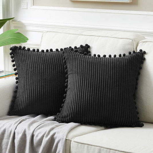 Fancy Homi Set of 2 Black Decorative Throw Pillow Covers 14x14 Inch with Pom-poms for Couch Bed Sofa, Modern Farmhouse Boho Home Decor, Soft Plush Corduroy Cute Cushion Case 35x35 cm