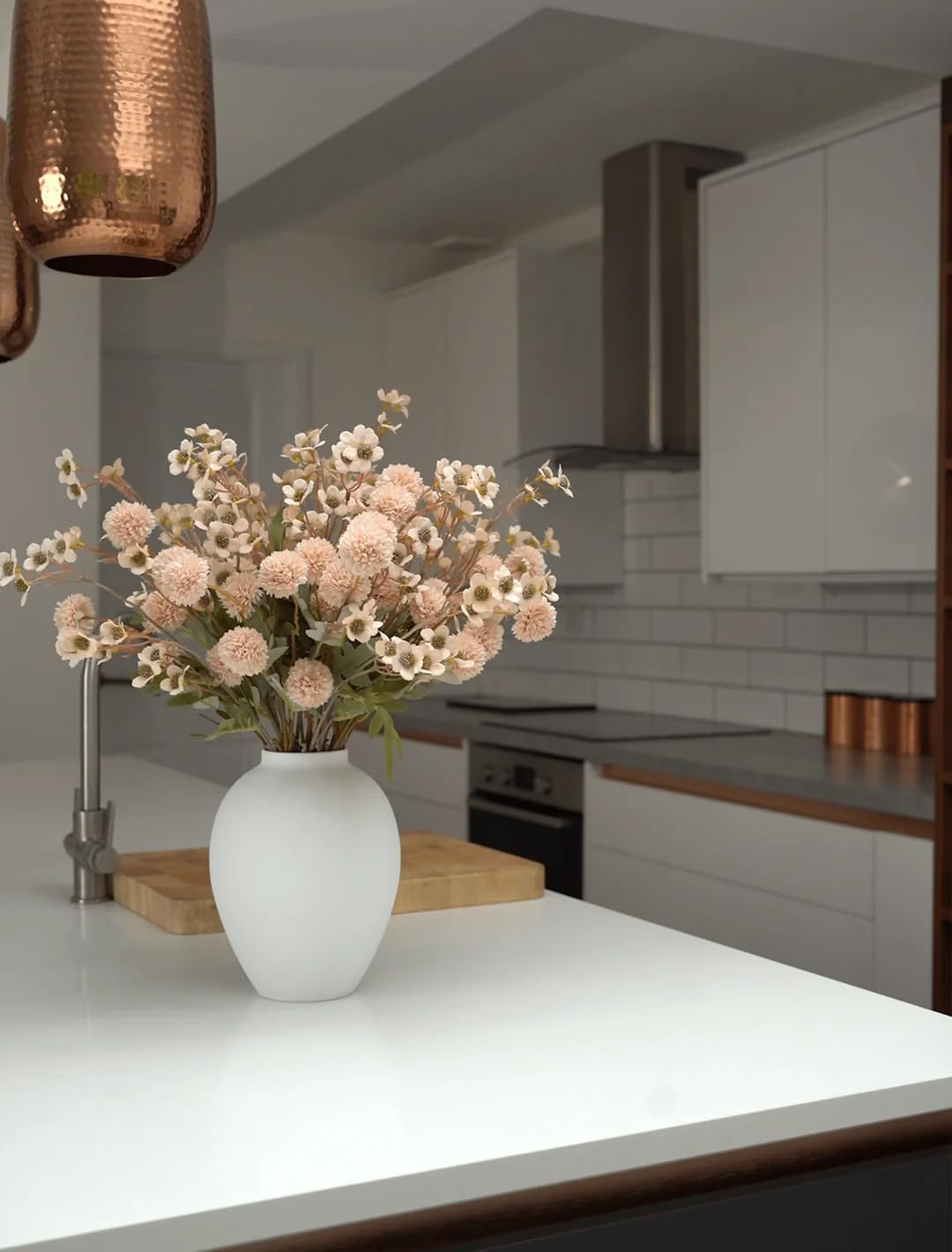 Laelfe Fall Flowers Artificial Pompon Mum, 5Pcs Fake Kiku Flowers Silk Small Mini Chrysanthemum Ball Faux Mum Decor for Autumn Filler DIY Bouquet Centerpieces Arrangements Shower(Beige)