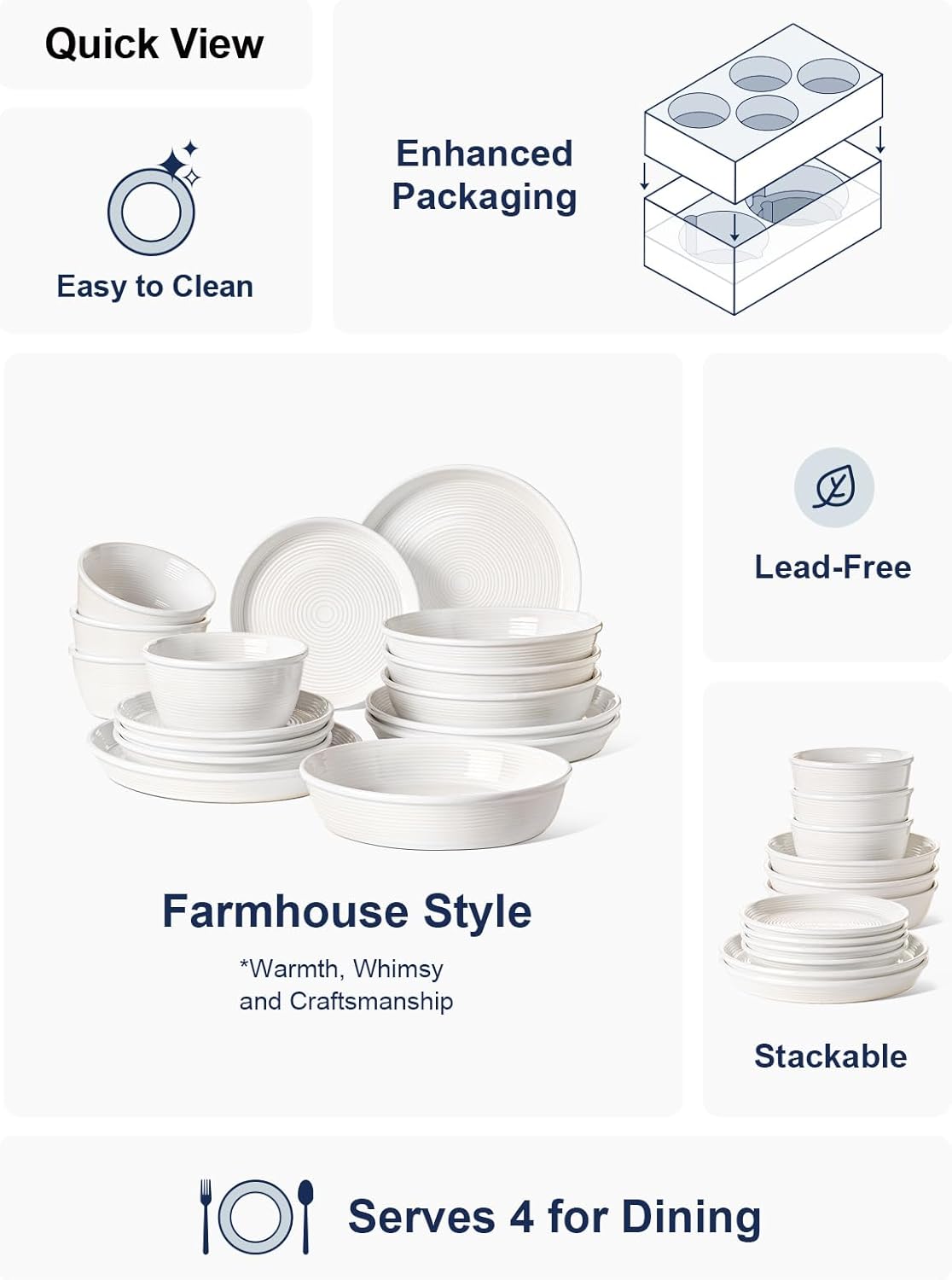 LE TAUCI 16-Piece Ceramic Dinnerware Set with Pasta Bowls (30 oz), Service for 4 – White Farmhouse Plates & Dishes (10" Dinner, 8" Salad, 6" Bowls, 8.5" Pasta) for Housewarming, Wedding Registry Gift