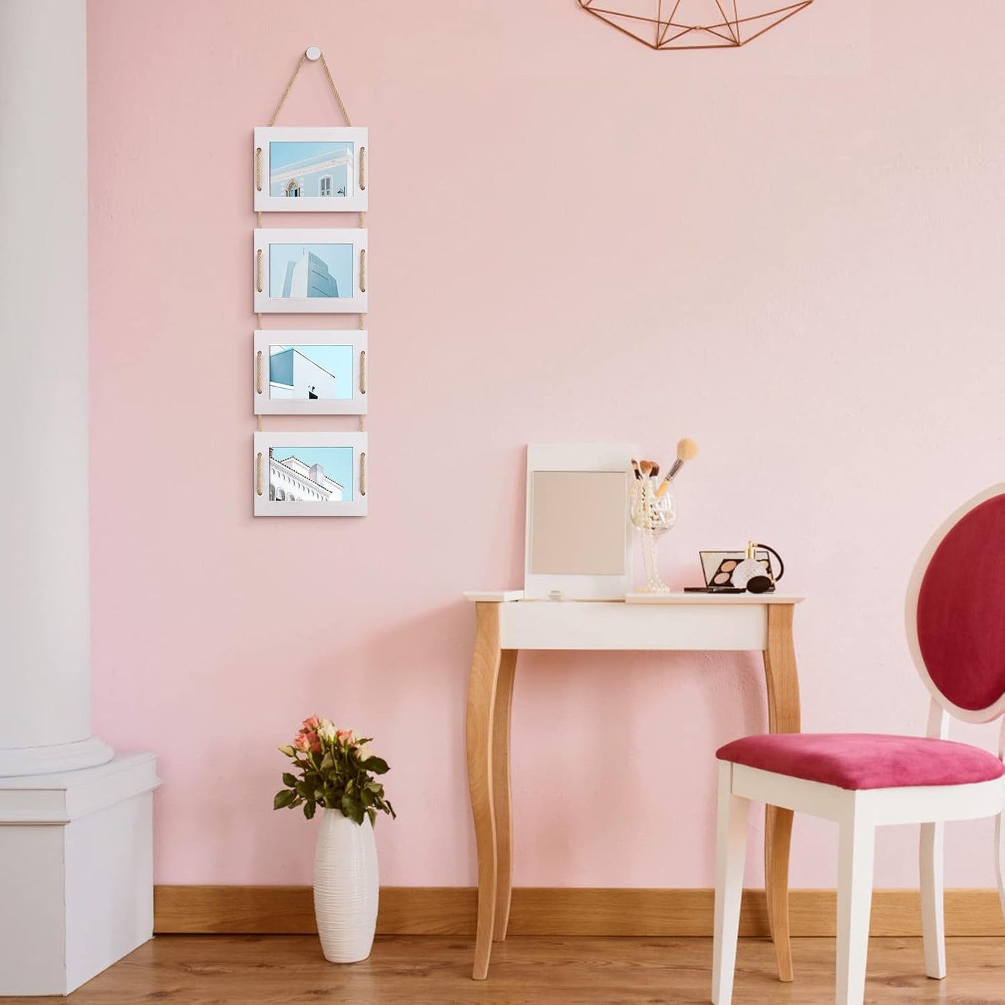 DLQuarts 4x6 Hanging Collage Picture Frames Wall Decor, 4-Opening 4x6 Photo Without Mat Rustic Wood Frame with Hemp Rope, 1 Pack, Vintage White