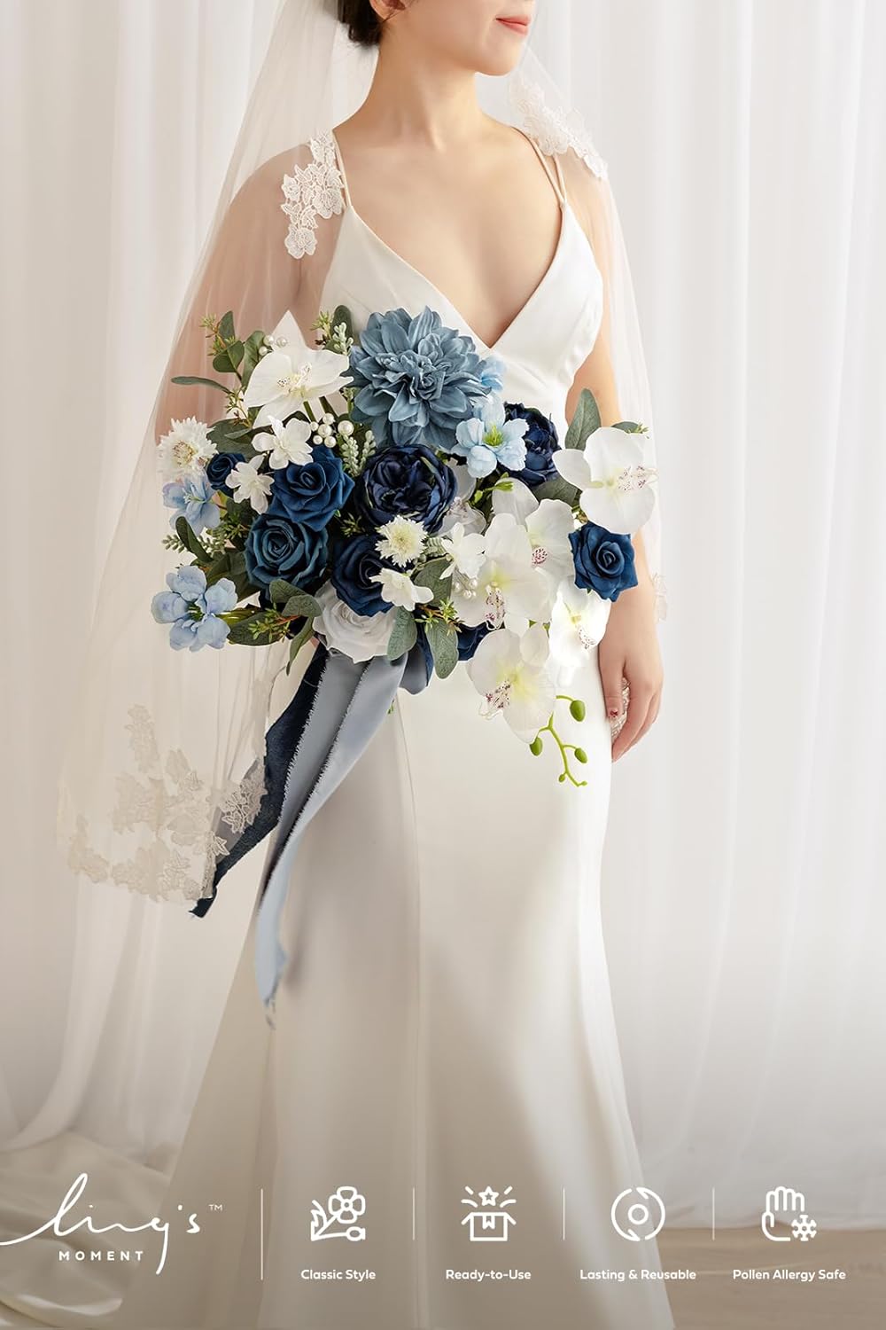 Ling's moment Navy Blue Bridal Bouquet, 13 Inch Wedding Bouquets for Bride, Silk Free Form Bridal Bouquets for Wedding, Ceremony, Anniversary, etc.