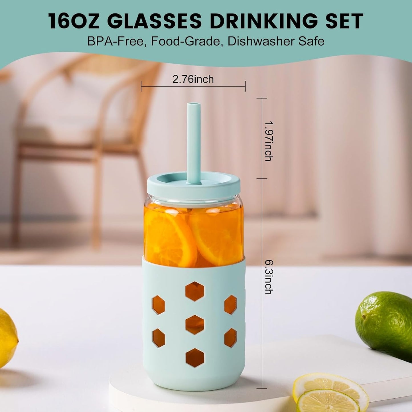 Glass Cups with Silicone Lids and Straws (4 Pcs), 16oz Drinking Glasses Set with Silicone Sleeves for Coffee Bar Accessories Iced Coffee Cups with Lids, Glass Tumbler Reusable for Gifts