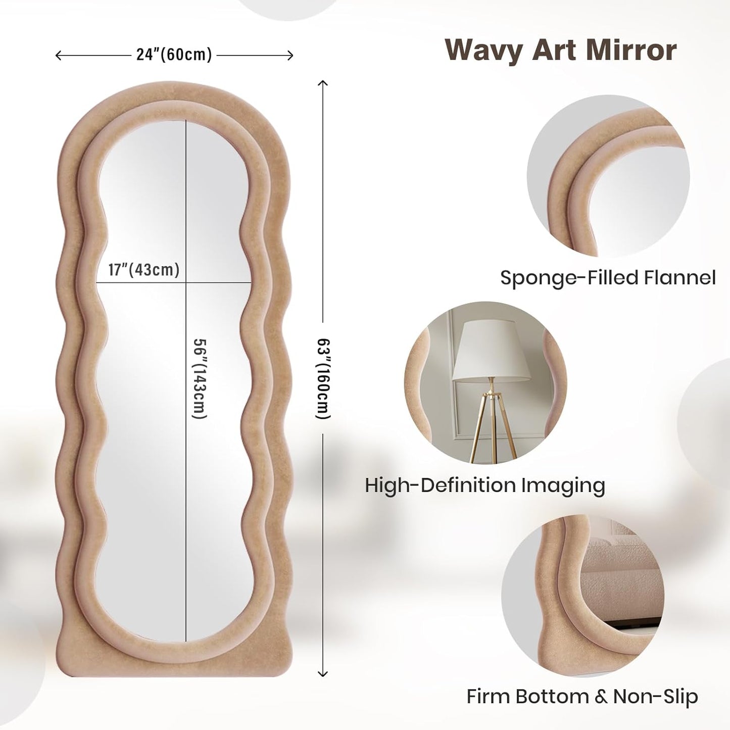 Full Length Mirror 63"x24" Arched Wavy Full Body Wall Mounted Floor Mirror with Stand Milk Tea Flannel Frame Leaning Hanging Wall Mirror for Bedroom Entrance Hallway
