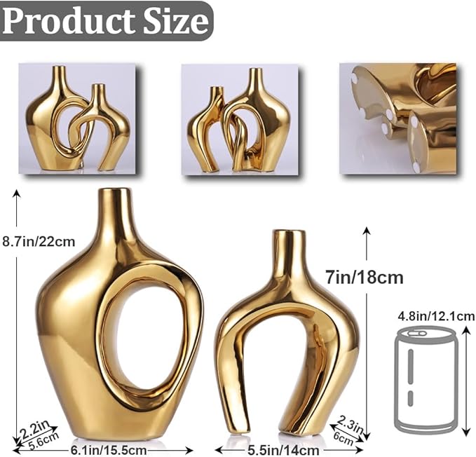 Gold Hollow Ceramic Vases Set of 2 - Modern Nordic Boho ins Style Decor Vases, Pampas Grass Flower Vases for Wedding, Living Room, Office, Entrance, Dining Table Decor Centerpieces