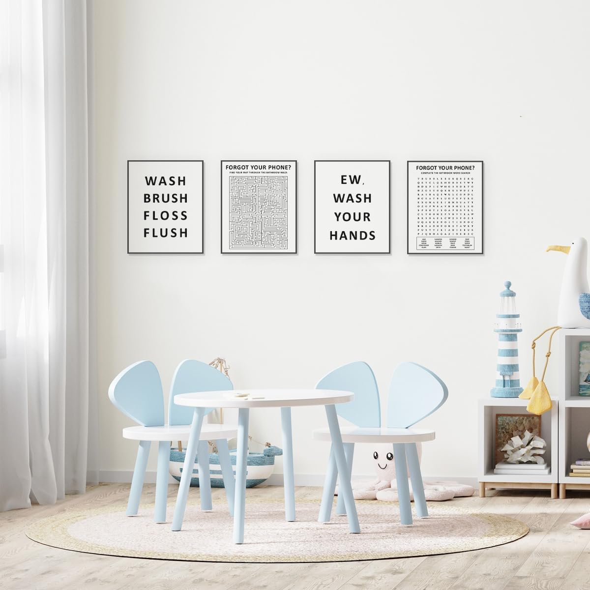 ETVISO Funny Bathroom Decor Wall Art Set of 4, Funny Crossword Puzzle Wall Art, Funny Forget Your Phone Sign, Bathroom Word Search Wall Decor, 8x10 (Unframed)