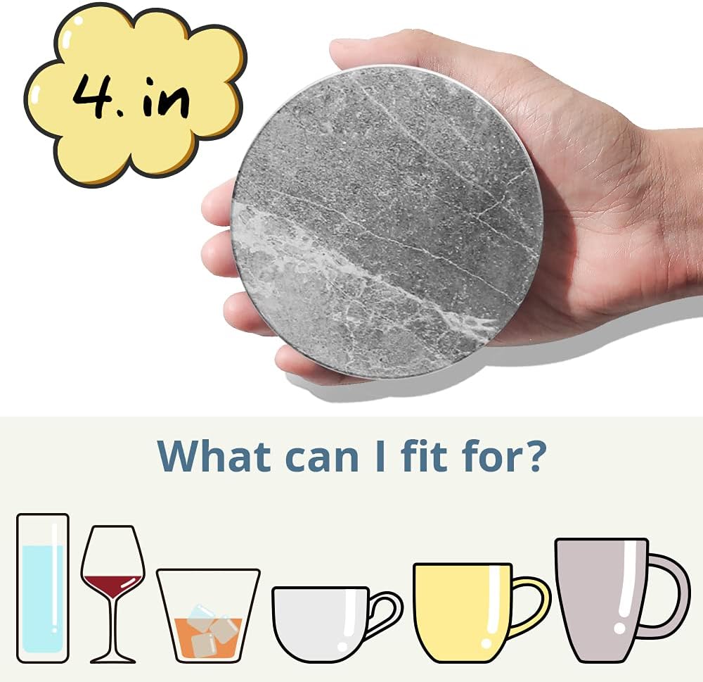 LIFVER Coasters for Drinks Absorbent, Living Room Decor, Ceramic Coasters Set of 6 with Cork Base, Protect Wooden Table or Furniture from Scratched, Drink Coasters with Holder - Grey