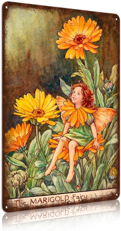 Flower Fairy Wall Decor Vintage Metal Tin Signs Fairy Garden Accessories - The Marigold