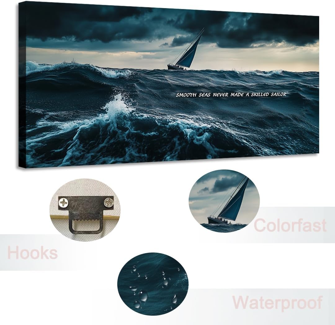 GoForArt Ocean Motivational Canvas Wall Art, Inspirational Sea Famous Quote Bedroom Living Room Decor, Positive Modern Landscape Mountain Office Dorm Room Poster Print (Skilled Sailor01, 12.00''x22.00'')