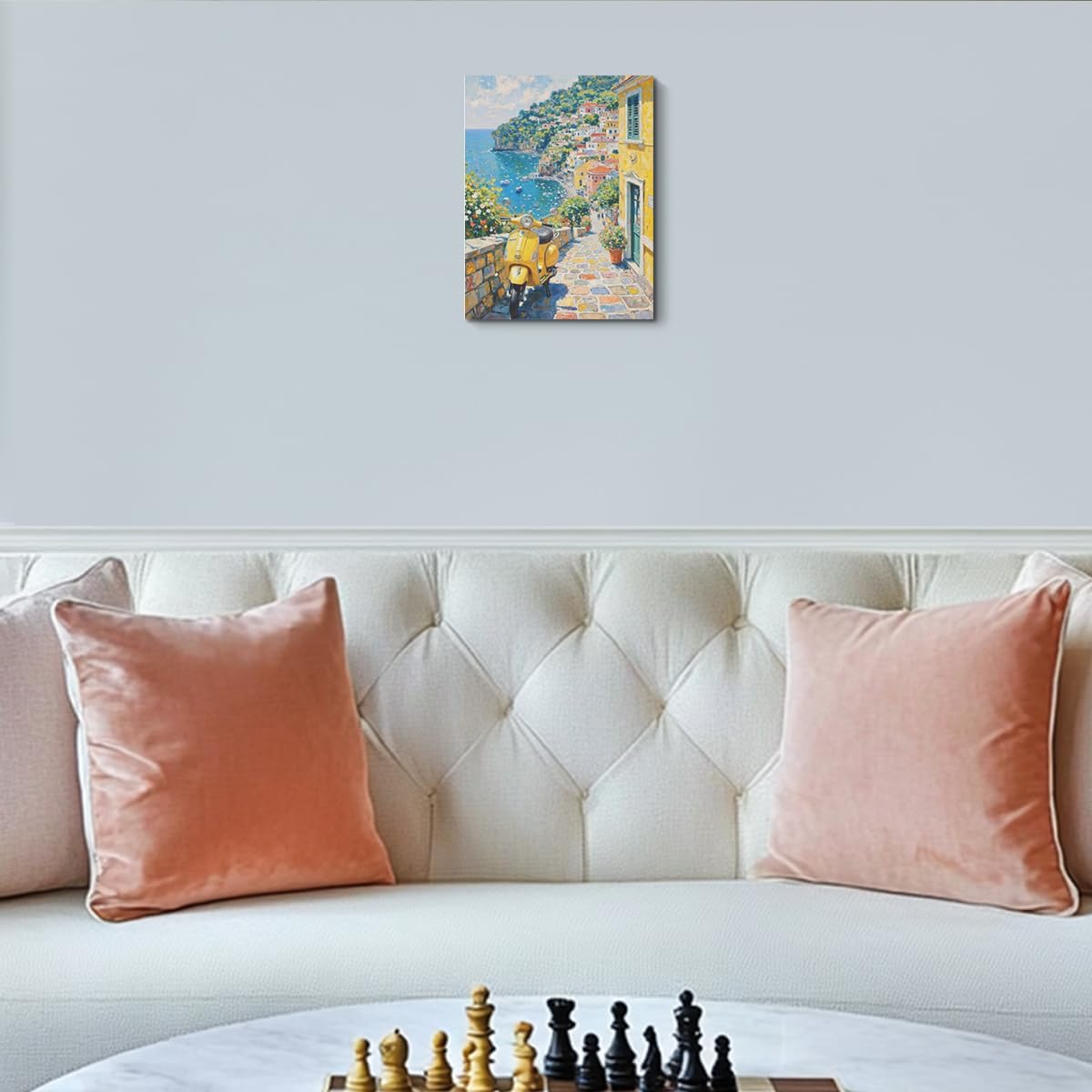 Italy Coast Landscape Wall Art, Italy Motorcycle Summer Watercolor Painting Canvas Framed Prints Modern Decorations, Rustic Theme Flowers Poster for Living Room Entryway Farmhouse Bedroom Dining room