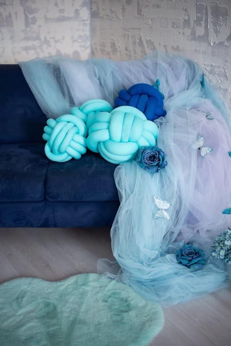 Knot Pillow Ball, Handmade Decorative Throw Pillow, Soft Round Knotted Cushion for Couch & Bedroom, Cute Home Decor, Braided Pillow for Living Room (7.87 Inches, Blue)