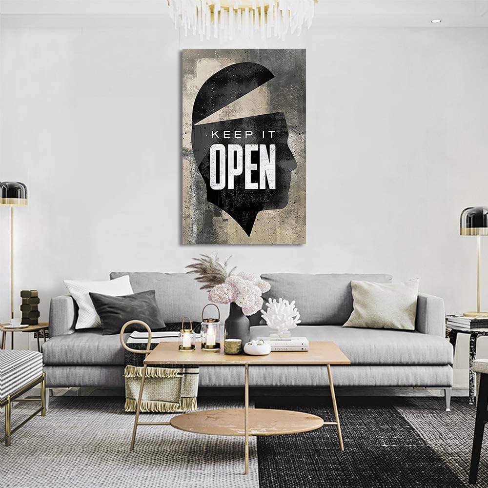 Inspirational Posters for Office with Inspiring Sayings Keep It Open Abstract Men Head Portrait Vintage Modern Home Decor Artwork for Living Room Bedroom Decor HD Print Ready to Hang-28"Wx44"H