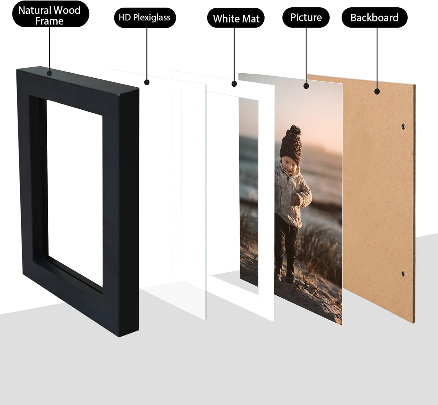 KINLINK 4x6 Frame Black, Solid Wood 4 x 6 Picture Frame with Acrylic Plexiglass for 3.5x5 with Mat, Tabletop and Wall Display Photo Frames 4x6 Black, 4 Pack