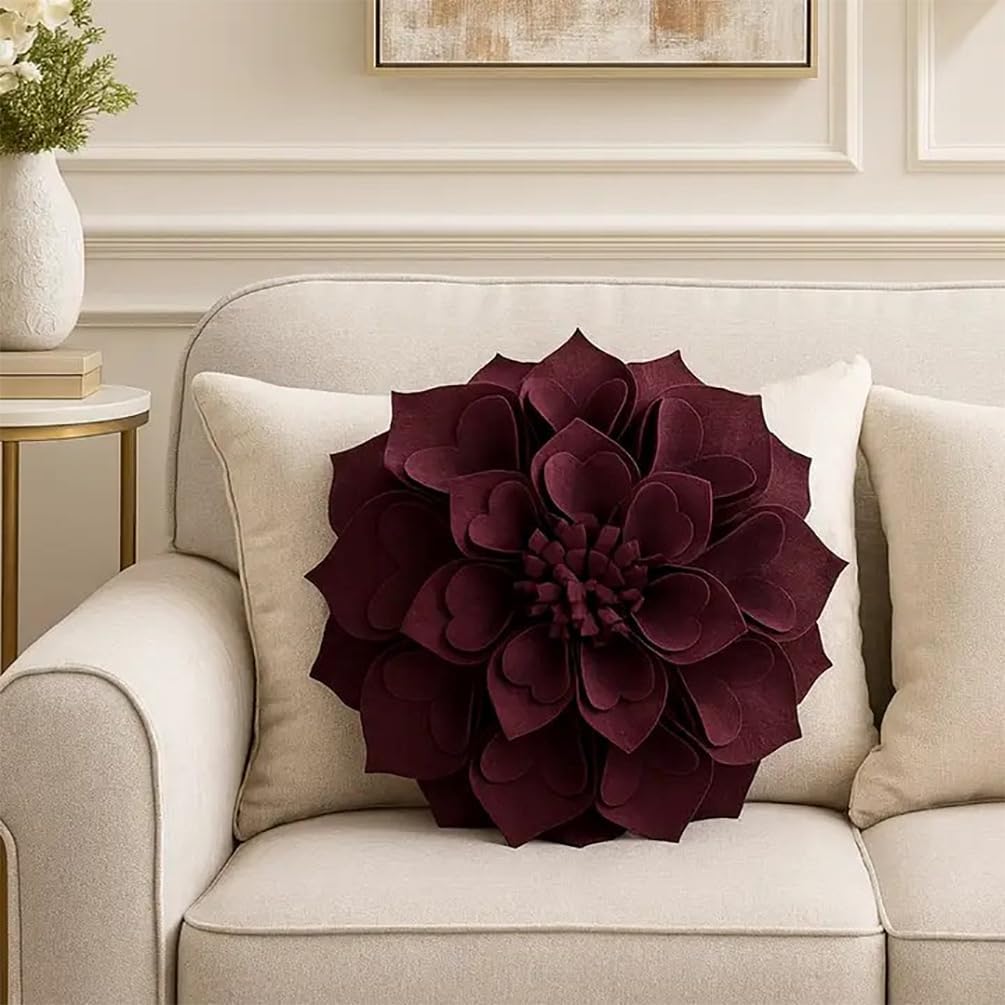Fennco Styles Handmade 3D Heart-Shaped Petals Flower Decorative Throw Pillow Cover Only - 13" Round Wine Floral Pillow Case for Couch, Home Décor and Holiday, Housewarming Gift