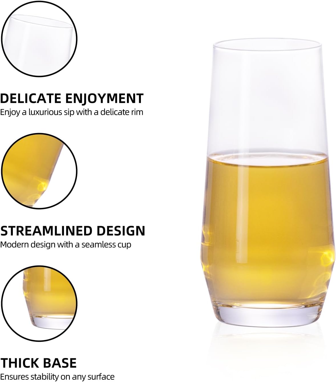 KAMMAK Drinking Glasses 12oz Crystal Water Glasses Set of 2, Tall Glass Cups, Highball Glass for Cocktail, Juice, Mojito, Iced Tea, Kitchen and Bar Glassware Gifts, Collins Glasses