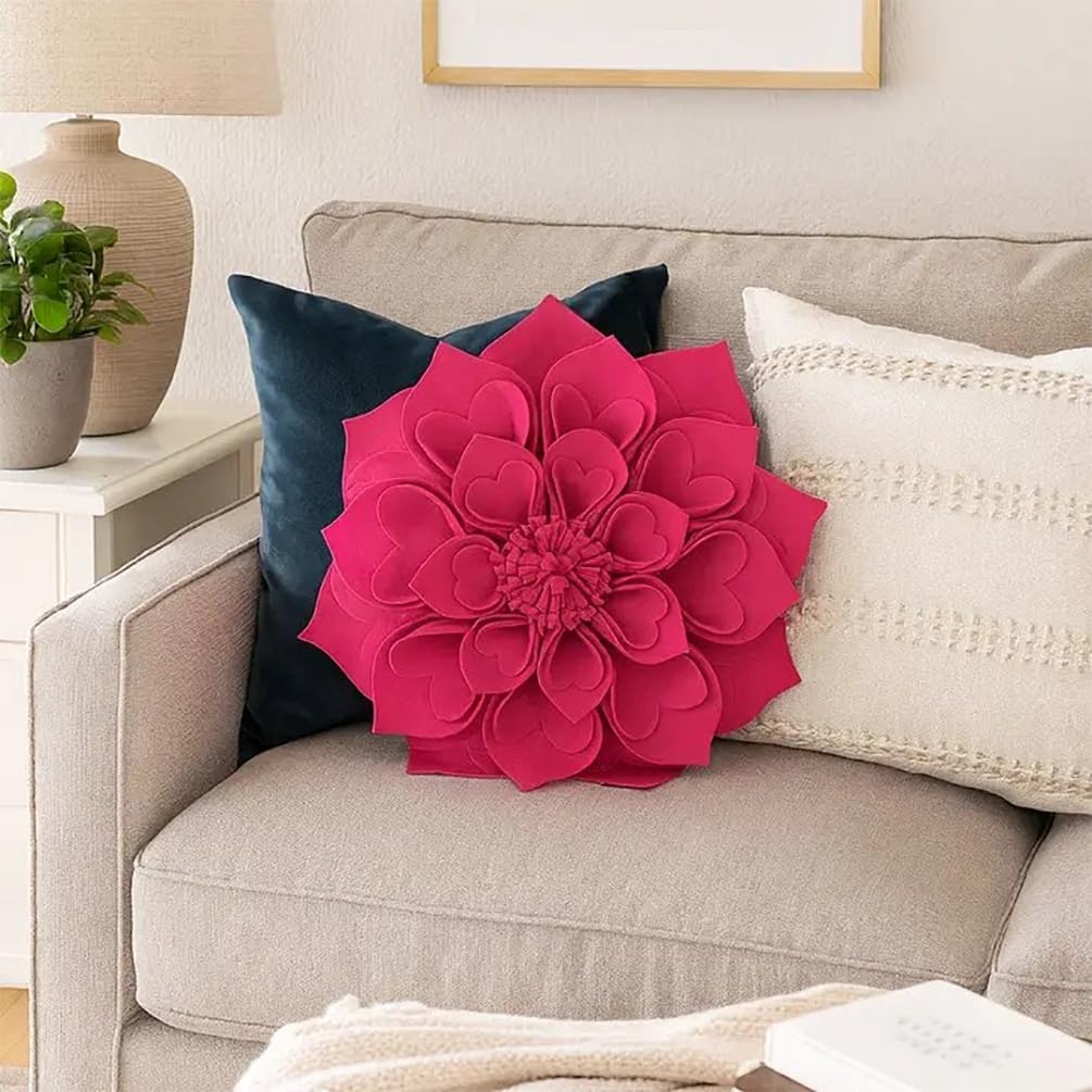 Fennco Styles Handmade 3D Heart-Shaped Petals Flower Decorative Throw Pillow Cover Only - 13" Round Fuchsia Floral Pillow Case for Couch, Home Décor and Holiday, Housewarming Gift