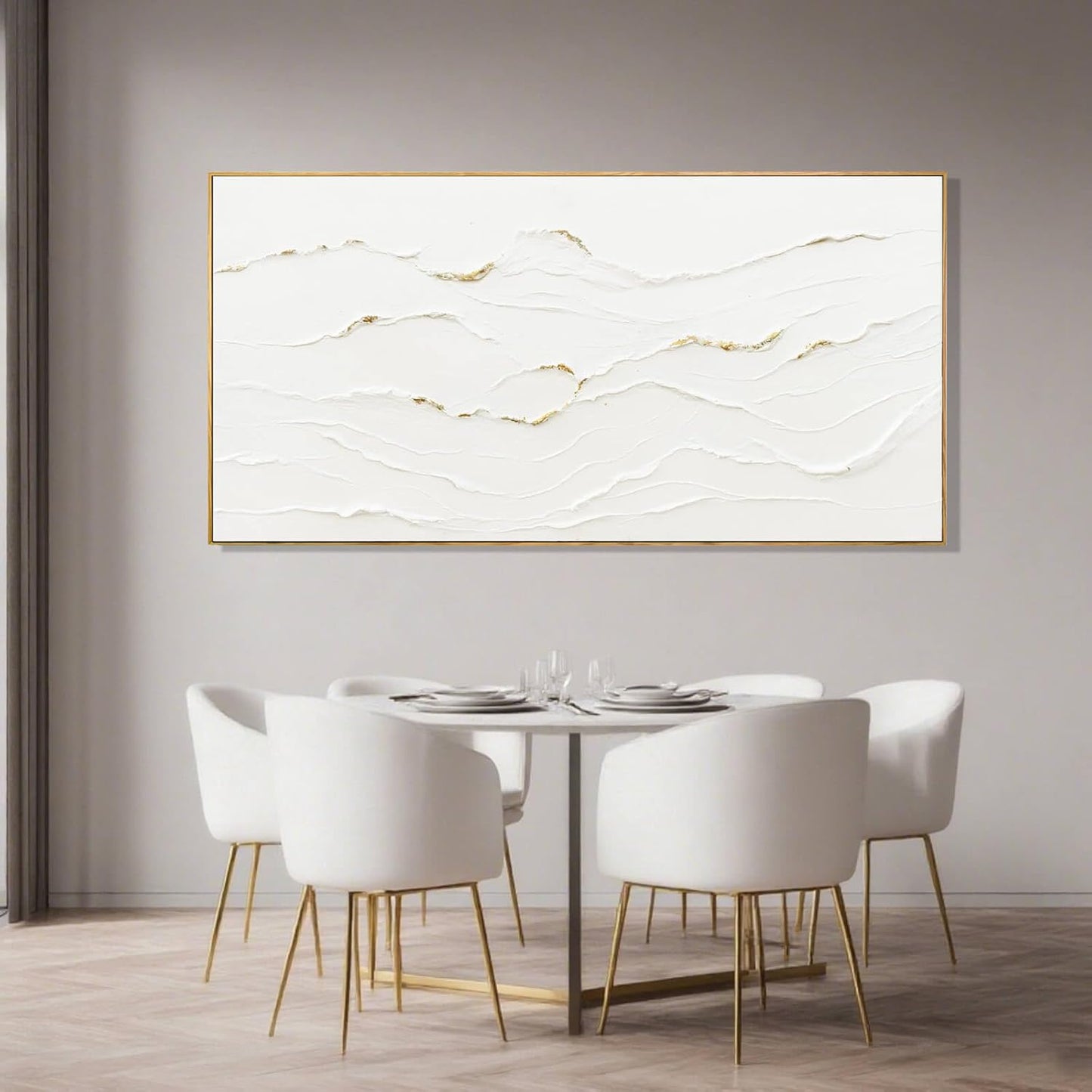 Minimalist White and Gold Line Artwork with Frame Hand Painted Abstract Canvas Wave Wall Art for Bedroom Living Room Office 24"x48"